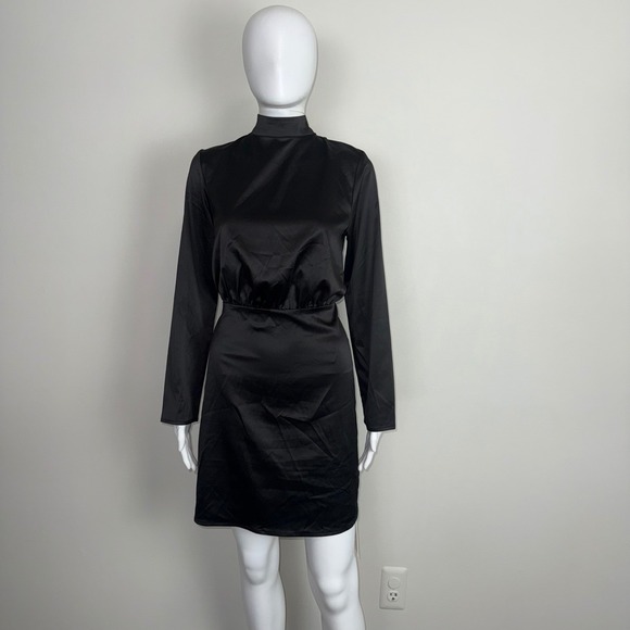 Commense Black Mini Dress Long Sleeve Mock Neck Tie Back Cocktail Bodycon M - Picture 7 of 17